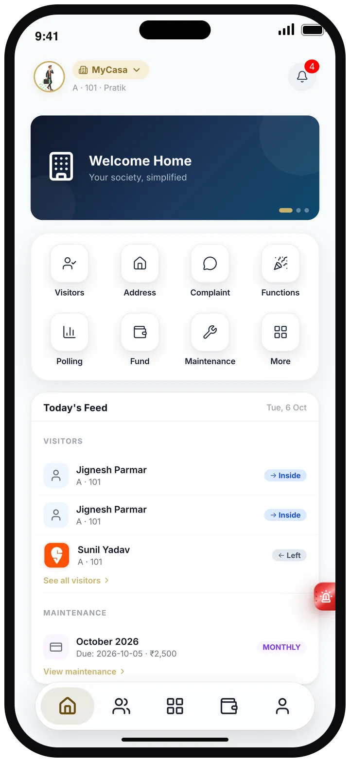 MyCasa home dashboard with module shortcuts, today's visitors and the month's maintenance due